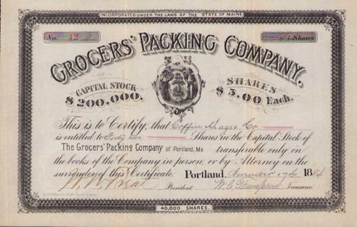 Grocers Packing Company stock certificate 1884 (Maine)