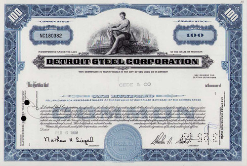 Detroit Steel Corporation stock certificate 1969 (Michigan)