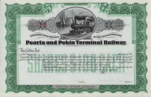 Peoria and Pekin Terminal Railway stock certificate circa 1900 (Illinois)