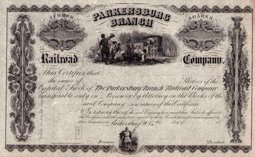 Parkersburg Branch Railroad Company stock certificate circa 1865 (West Virginia)