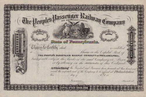 People's Passenger Railway Company of Philadelphia stock certificate circa 1875 (Pennsylvania)