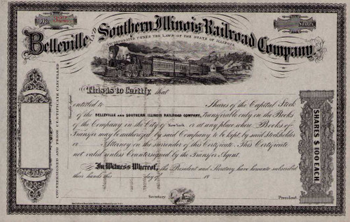 Belleville and Southern Illinois Railroad Company stock certificate circa 1873 (Illinois) 