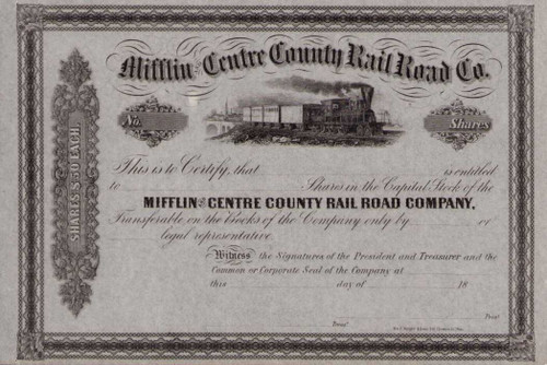 Mifflin and Centre County Railroad Company stock certificate circa 1860 (Pennsylvania)