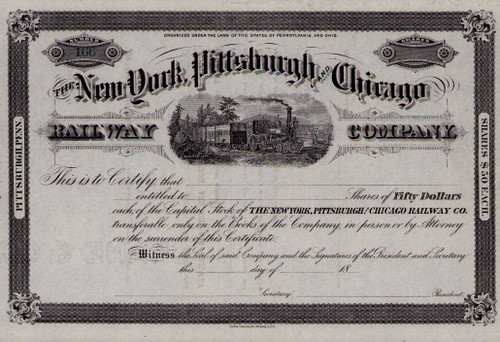 New York Pittsburgh and Chicago Railway stock certificate circa 1881 (PA and OH)