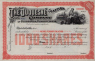 Duquesne Traction Company of Pittsburgh stock certificate circa 1890 (Pennsylvania)