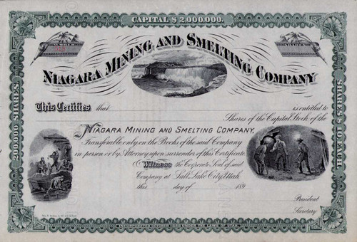 Niagara Mining and Smelting stock certificate circa 1890 (Utah)