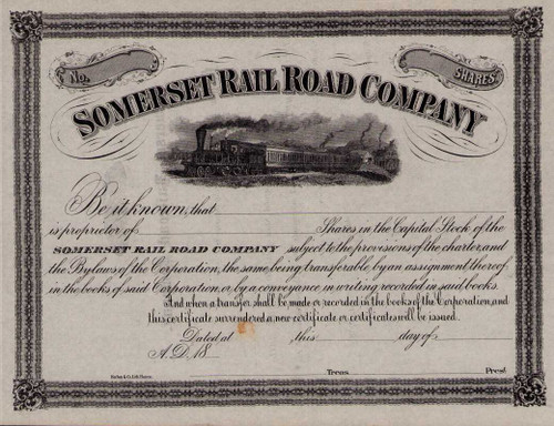 Somerset Railroad Company stock certificate circa 1860 (Maine)