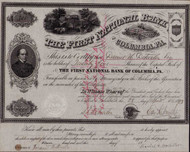 First National Bank of Columbia PA stock certificate circa 1873 (Pennsylvania)