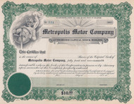 Metropolis Motor Company stock certificate circa 1917