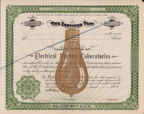 Electrical Testing Laboratories stock certificate circa 1904 (New York)