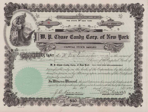 W. P. Chase Candy Corp. of New York stock certificate 1929 (New York)
