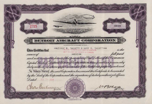 Detroit Aircraft Corporation stock certificate 1934 (Michigan)