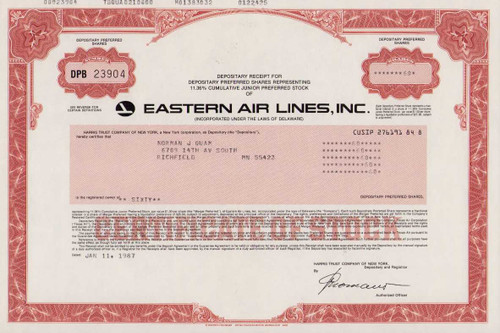 Eastern Air Lines Inc. stock certificate 1980s (Delaware)  - red