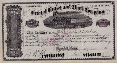 Bristol Brass and Clock Company stock certificate 1902 (Connecticut)