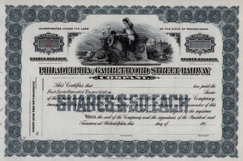 Philadelphia and Garrettford Street Railway stock certificate circa 1910 (Pennsylvania)