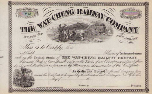Wat-Chung Railway stock certificate circa 1870 (New Jersey)