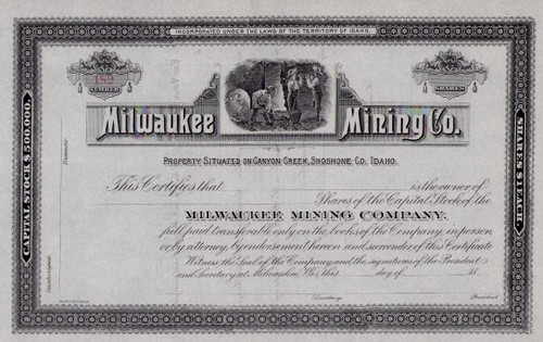 Milwaukee Mining Co. stock certificate circa 1887 (Idaho)