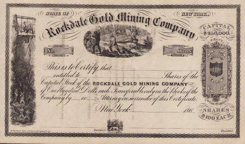 Rockdale Gold Mining Company stock certificate circa 1864 (Colorado)