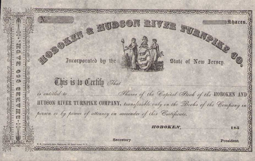 Hoboken and Hudson River Co. stock certificate circa 1857 (New Jersey)
