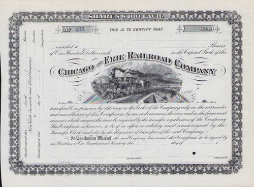 Chicago and Erie Railroad stock certificate circa 1890 (New York)