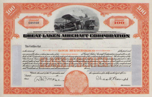 Great Lakes Aircraft Corporation stock certificate circa 1929 (Delaware)