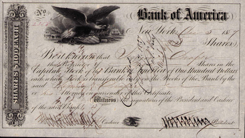 Bank of America stock certificate 1857 (New York)