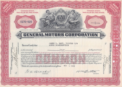 General Motors (GM) stock certificate 1950's - red