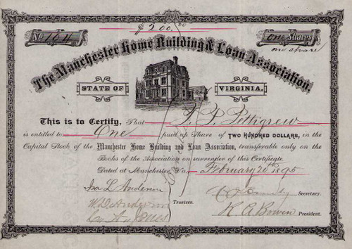 Manchester Home Building and Loan Association stock certificate 1895 (Virginia)