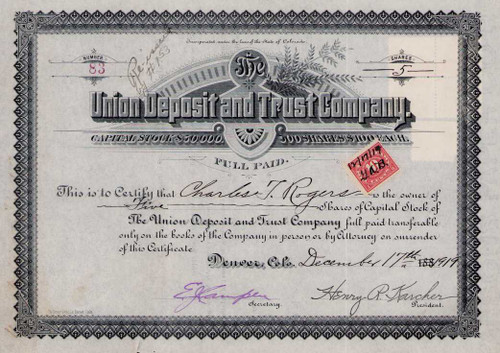 Union Deposit and Trust Company stock certificate 1919 (Colorado)
