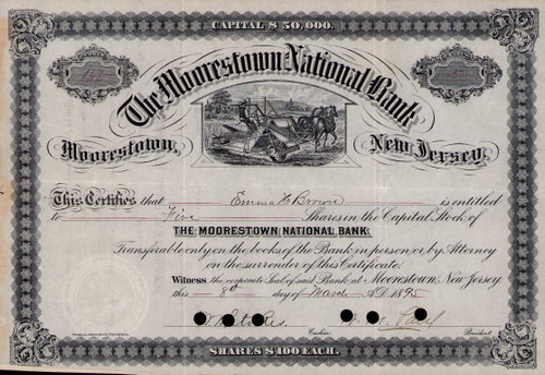 Moorestown National Bank stock certificate 1895 (New Jersey)