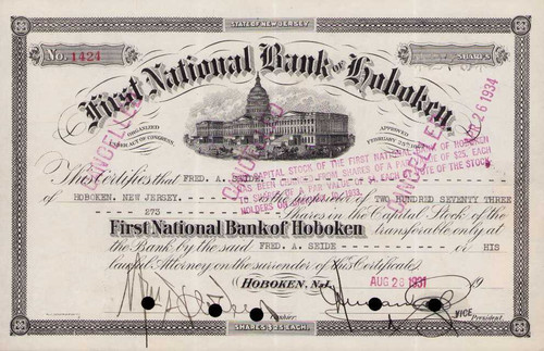 First National Bank of Hoboken stock certificate 1931 (New Jersey)