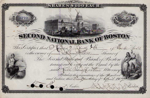 Second National Bank of Boston stock certificate 1907 (Massachusetts)