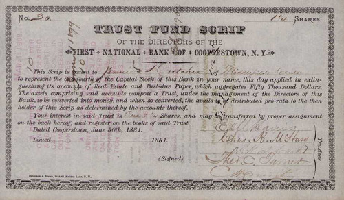First National Bank of Cooperstown Trust Fund Scrip 1881 (New York)