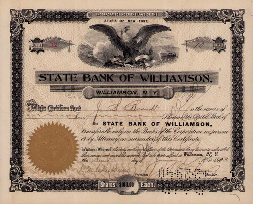 State Bank of Williamson stock certificate 1913 (New York)