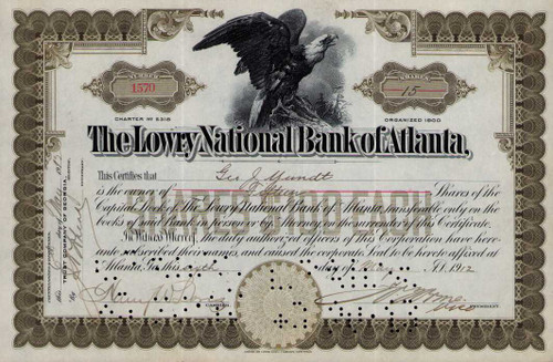 Lowry National Bank of Atlanta stock certificate 1912 (Georgia)