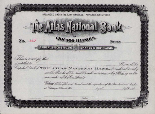 Atlas National Bank of Chicago stock certificate c1890 (Illinois)