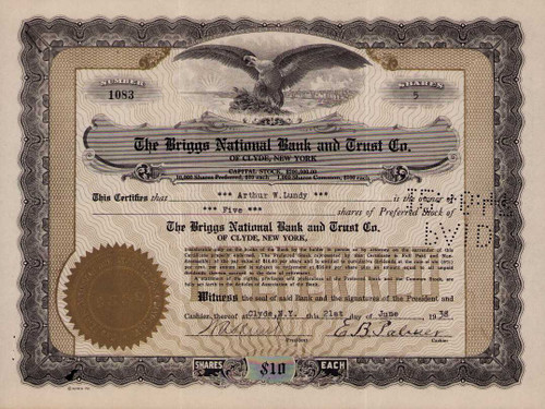 Briggs National Bank and Trust stock certificate 1938 (New York) - Clyde NY