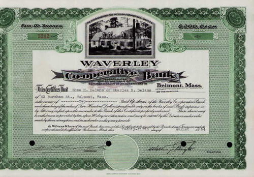 Waverley Cooperative Bank stock certificate 1954 (Massachusetts)