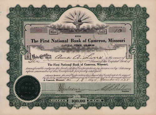 First National Bank of Cameron stock certificate 1925 (Missouri)