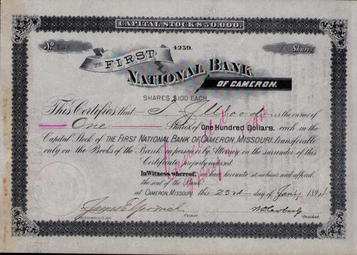 First National Bank of Cameron stock certificate 1894 (Missouri)