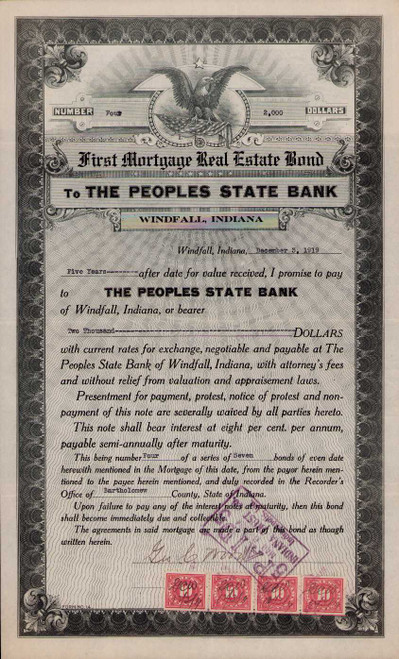 Peoples State Bank of Windfall IN bond certificate 1919 (Indiana)