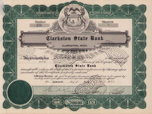 Clarkston State Bank stock certificate 1933 (Michigan)