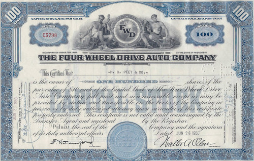 Four Wheel Drive Auto Company stock certificate 1950's - blue