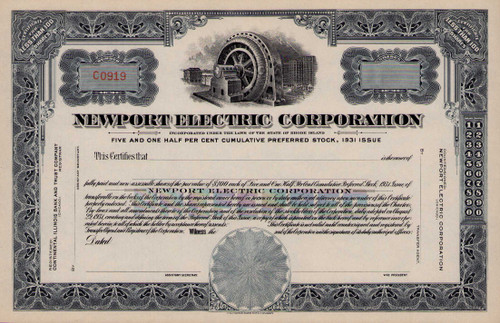 Newport Electric Corporation stock certificate c1931 (Rhode Island)