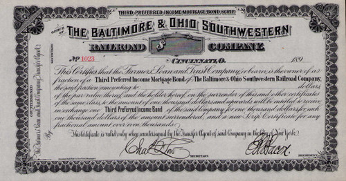 Baltimore and Ohio Southwestern Railroad Company bond scrip c1890 (Ohio Indiana)