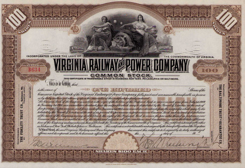 Virginia Railway and Power stock certificate c1909 (Virginia)