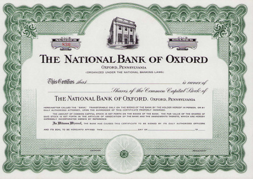 National Bank of Oxford stock certificate c1950 (Pennsylvania)