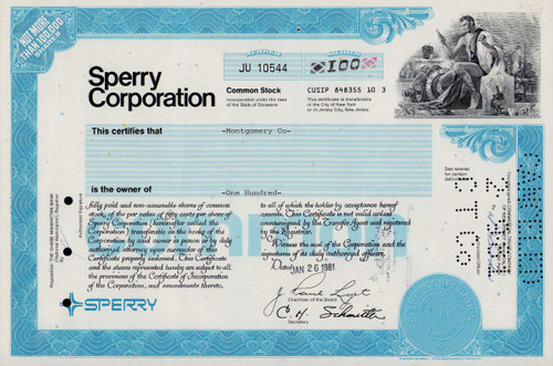Sperry Corporation stock certificate 1981 (Delaware)