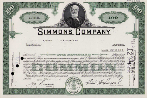Simmons Company stock certificate 1971 (Delaware)