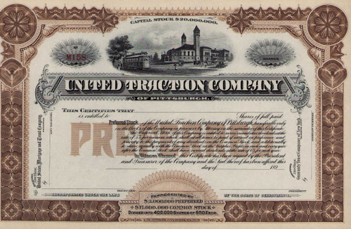 United Traction Company stock certificate c1896 (Pennsylvania)
